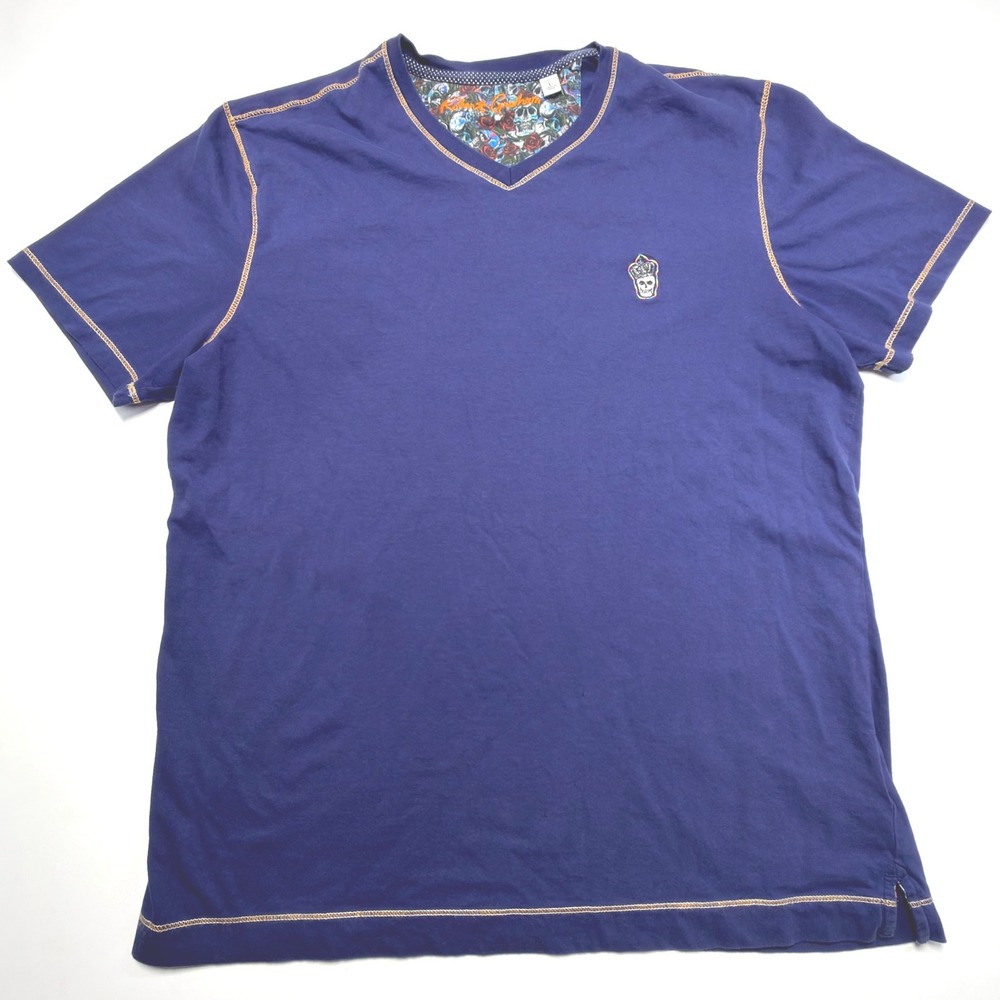 Robert Graham Skull Embroidered V Neck T Shirt Mens Large Purple Cotton